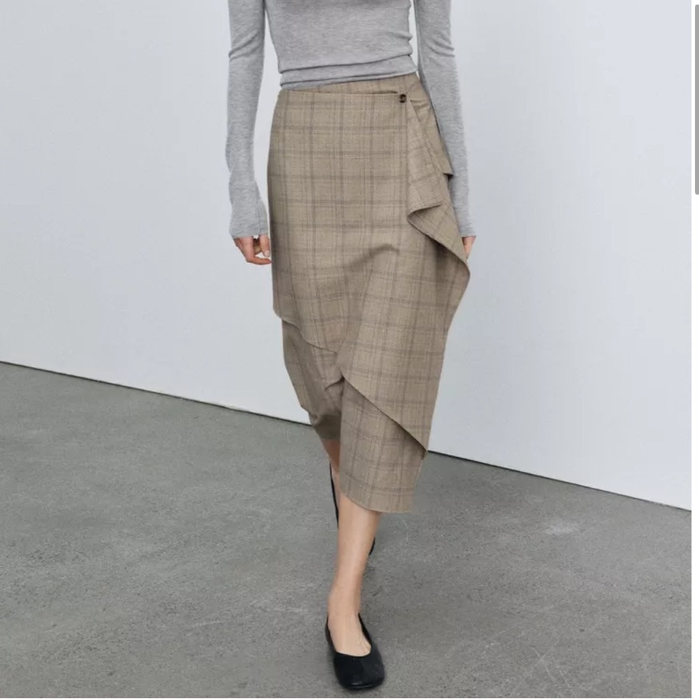 NWT ZARA Beige Check Wrap Midi Skirt Ruffle Front Asymmetric Women’s XL